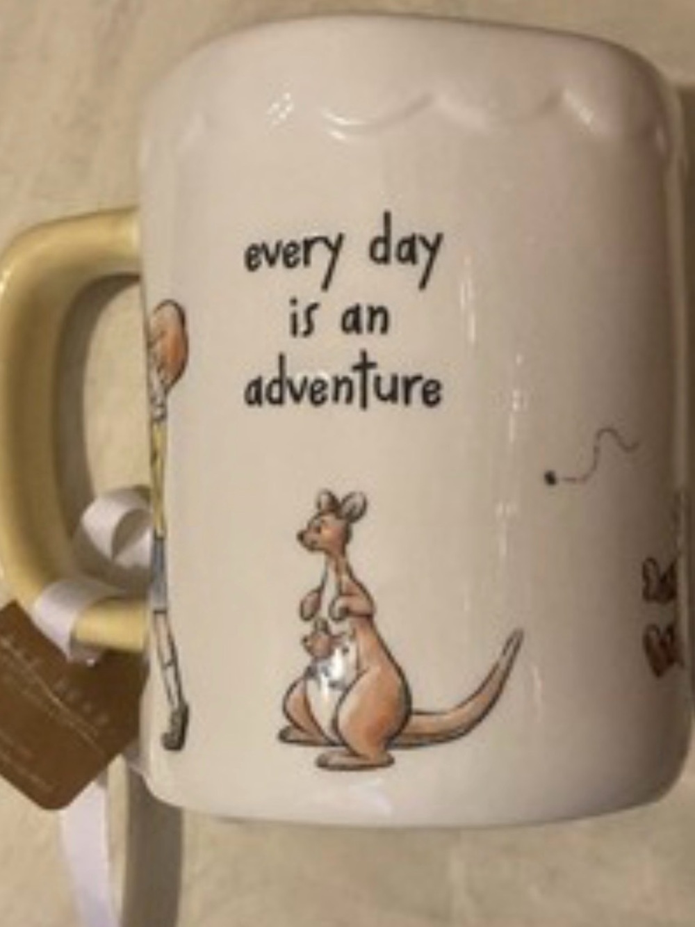 Rae Dunn White Ceramic Mug with Yellow Handle and Kangaroo Art